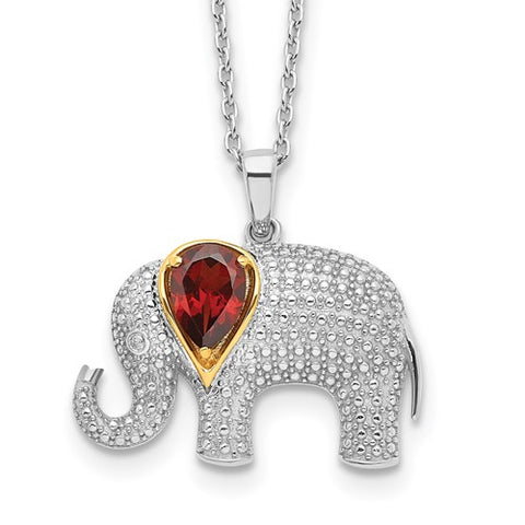 Sterling Silver And 14K Garnet And Diamond Elephant Necklace