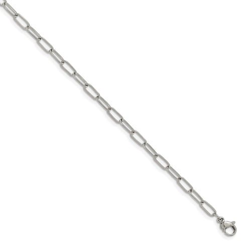Stainless Steel Polished Elongated Open Link Paperclip 6.5 inch Bracelet with 1.25 inch Extension